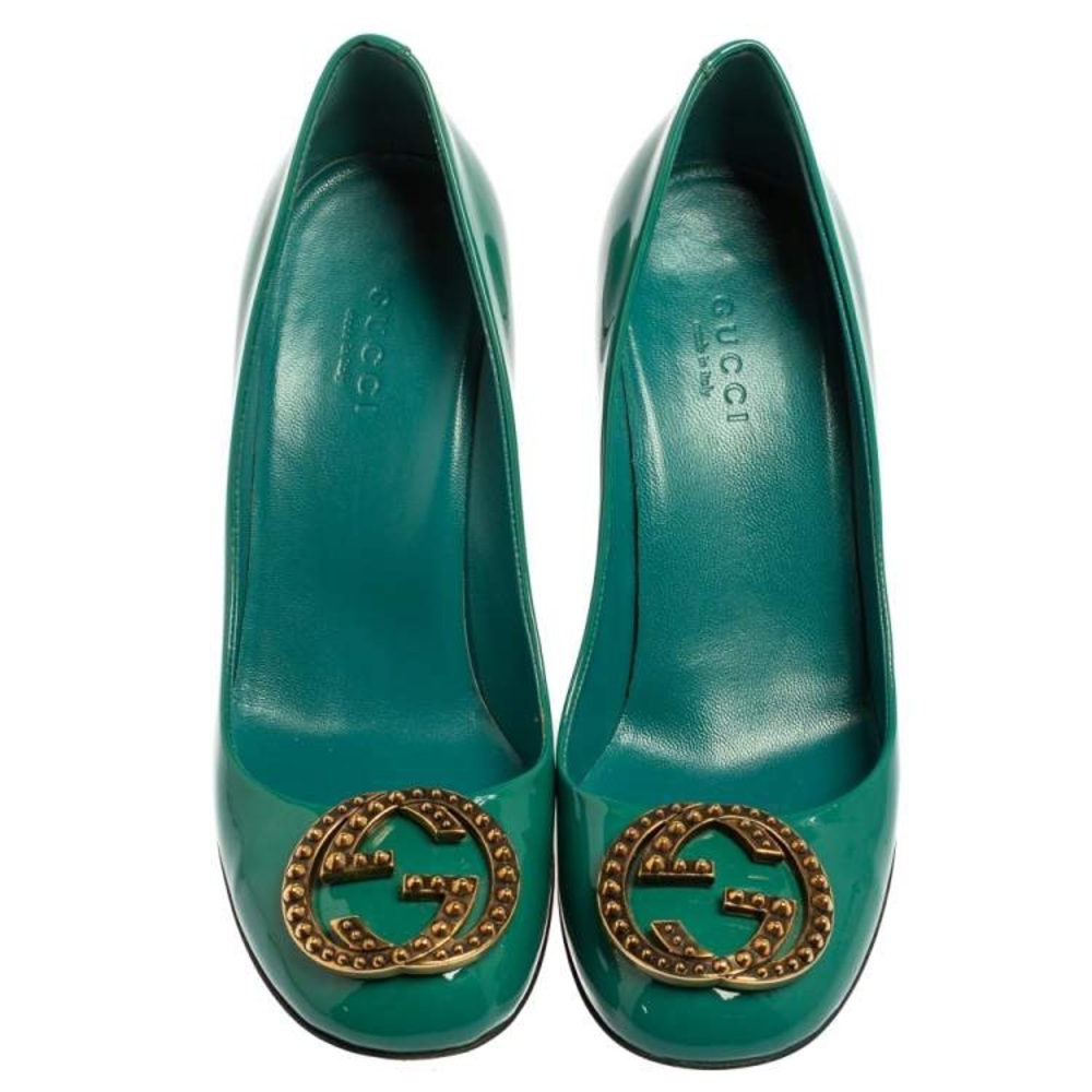 Gucci Teal Green Patent Leather GG Interlocking Pumps Size 38